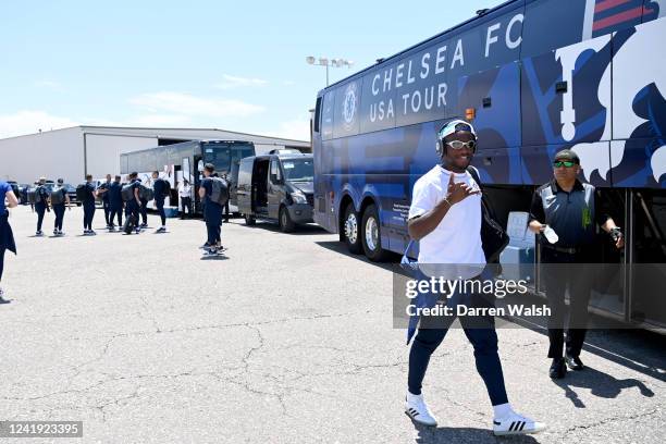 Michy Batshuayi of Chelsea as they board the team coach to the team hotel in Las Vegas at Las Vegas International Airport on July 15, 2022 in Las...