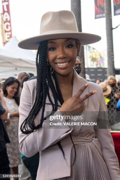 Singer Brandy Norwood attends the Hollywood Walk of Fame Star Ceremony for Jenifer Lewis at the Hollywood Walk of Fame on July 15, 2022 in Los...