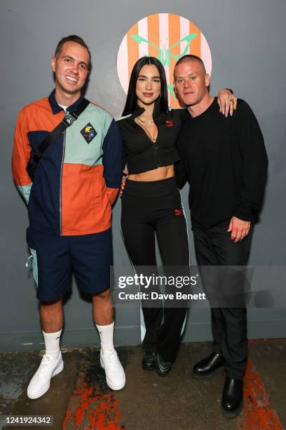 Charlie Groom, Dua Lipa and Billy Walsh attend the PUMA x Dua Lipa launch dinner hosted by Dua Lipa at Bistrotheque on July 15, 2022 in London,...