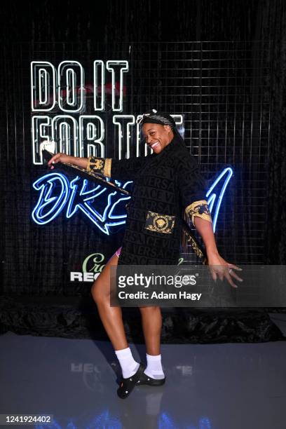 Kia Vaughn of the Atlanta Dream arrives at the arena before the game against the Connecticut Sun on July 15, 2022 at Gateway Center Arena in College...