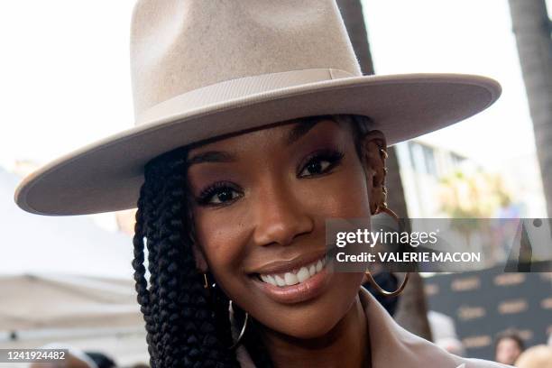 Singer Brandy Norwood attends the Hollywood Walk of Fame Star Ceremony for Jenifer Lewis at the Hollywood Walk of Fame on July 15, 2022 in Los...