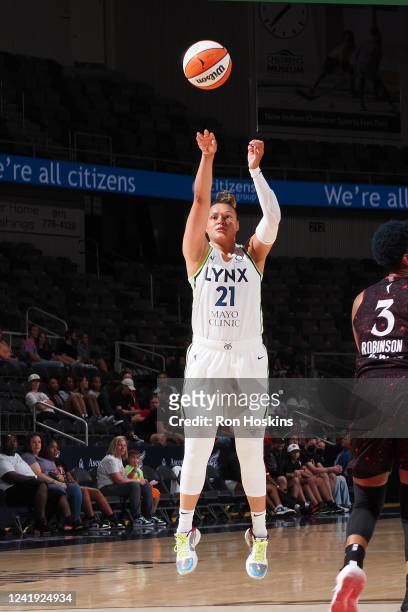 Kayla McBride of the Minnesota Lynx shoots a three point basket during the game during the game against the Indiana Fever on July 15, 2022 at...