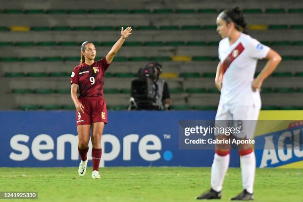 Deyna Castellanos of Venezuela celebrates after scoring the first goal of her team during a match between Peru and Venezuela as part of Women's...