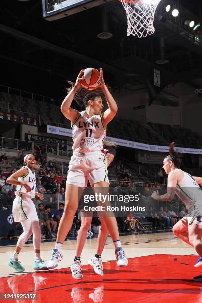 Natalie Achonwa of the Minnesota Lynx grabs the rebound during the game against the Indiana Fever on July 15, 2022 at Gainbridge Fieldhouse in...