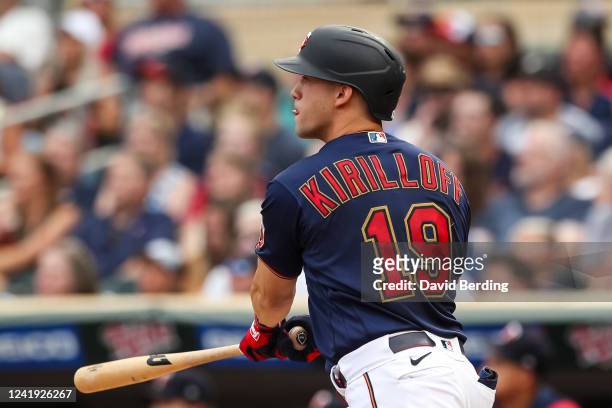 Alex Kirilloff of the Minnesota Twins watches his RBI double against the Chicago White Sox in the first inning of the game at Target Field on July...