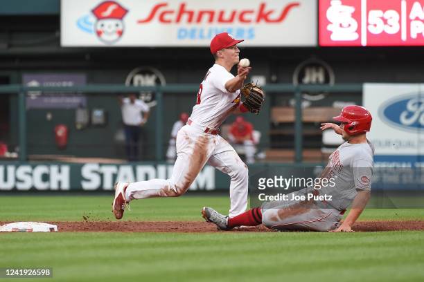 Nick Senzel of the Cincinnati Reds is out at second base as Tommy Edman of the St. Louis Cardinals turns a double play in the second inning at Busch...
