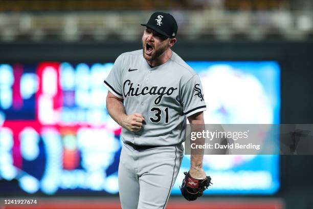 Liam Hendriks of the Chicago White Sox celebrates the final out in the ninth inning to end the game against the Minnesota Twins at Target Field on...