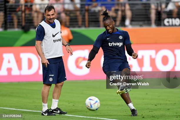 Zsolt Low and Michy Batshuayi of Chelsea during a training session at Allegiant Stadium on July 15, 2022 in Las Vegas, Nevada.