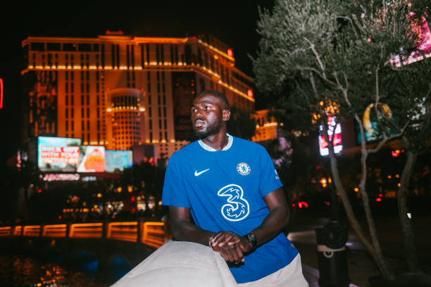 Kalidou Koulibaly poses for a portrait as is unveiled as a Chelsea player on July 15, 2022 in Las Vegas, Nevada. (Photo by Chelsea FC via Getty...