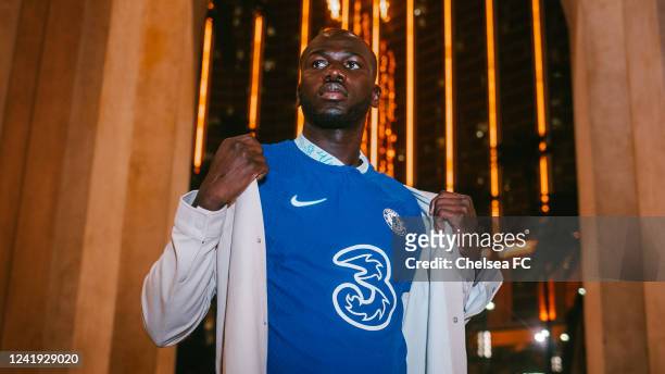 Kalidou Koulibaly poses for a portrait as is unveiled as a Chelsea player on July 15, 2022 in Las Vegas, Nevada. (Photo by Chelsea FC via Getty...