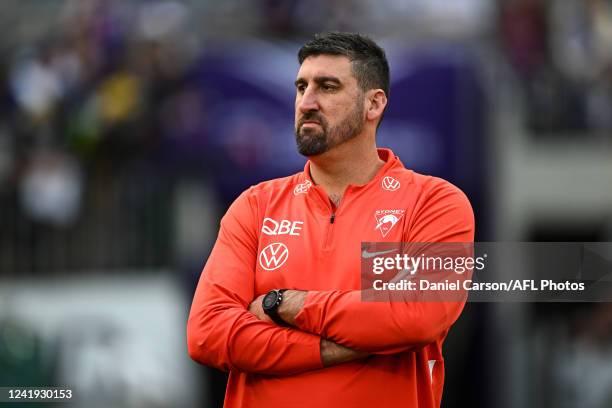 Dean Cox, Game Strategy & Ruck Coach of the Swans looks on during the 2022 AFL Round 18 match between the Fremantle Dockers and the Sydney Swans at...