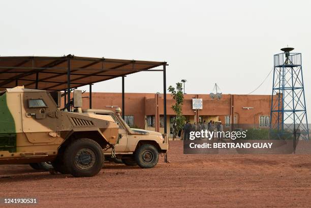 This picture taken on July 15, 2022 shows the Ouallam's military base during an official visit of French Ministers of Foreign Affairs and Armed...