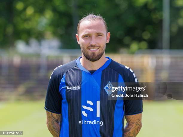 Marco Höger of Waldhof Mannheim poses during the team presentation at on July 15, 2022 in Mannheim, Germany.