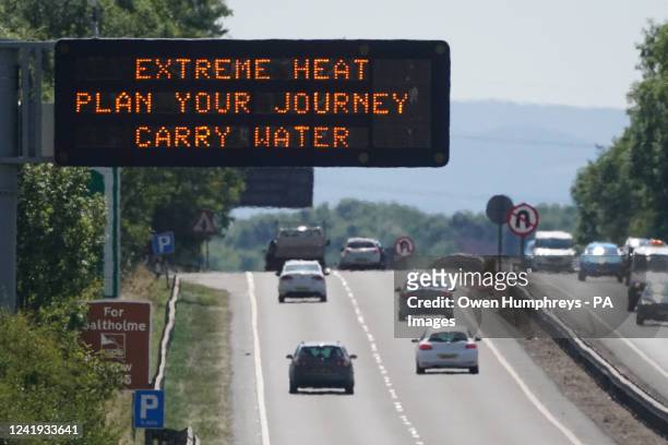 Matrix sign over the A19 road towards Teesside displays an extreme weather advisory as the UK braces for the upcoming heatwave. Picture date:...
