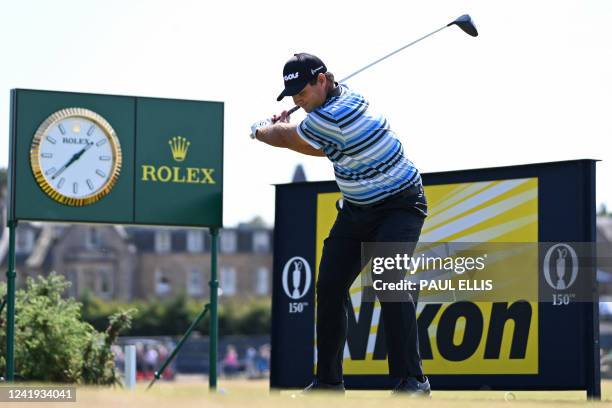 Golfer Patrick Reed plays from the 2nd tee during his third round on day 3 of The 150th British Open Golf Championship on The Old Course at St...