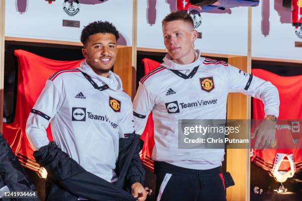 Jadon Sancho and Scott McTominay of Manchester United at an away kit promotional launch at Federation Square in Melbourne on 16th July 2022