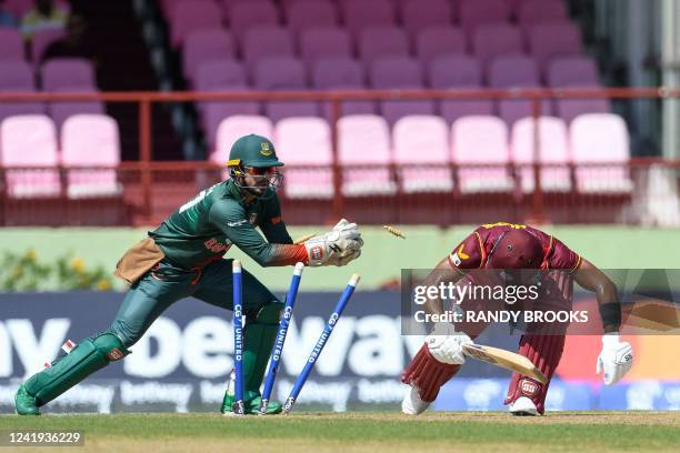 Shai Hope of West Indies is dismissed by Quazi Nurul Hasan Sohan of Bangladesh during the 3rd and final ODI match between West Indies and Bangladesh...