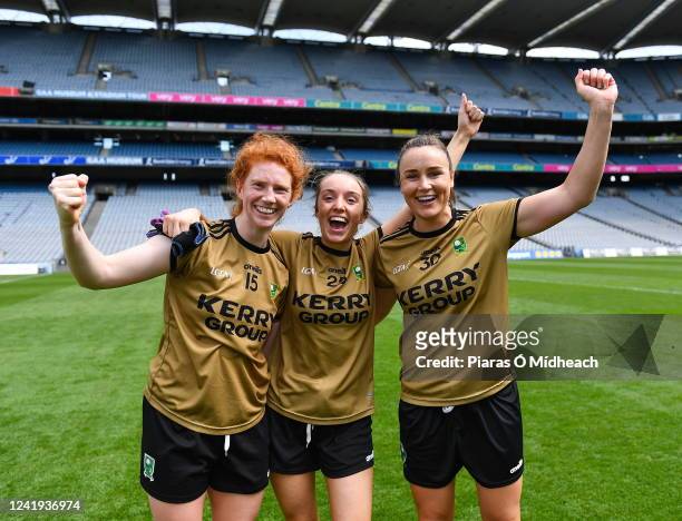Dublin , Ireland - 16 July 2022; Kerry players, from left, Louise Ní Mhuircheartaigh, Anna Clifford, and Louise Galvin celebrate after their side's...