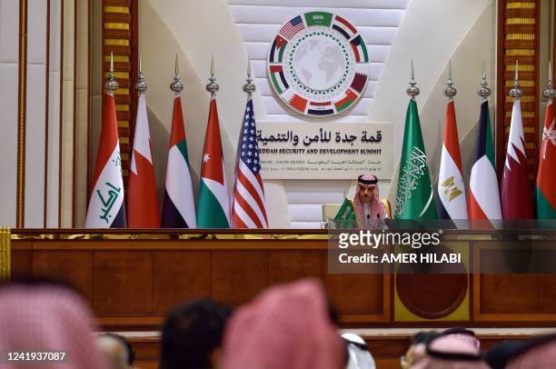 Saudi Foreign Minister Prince Faisal bin Farhan holds a press conference following the Jeddah Security and Development Summit in the eponymous Saudi...