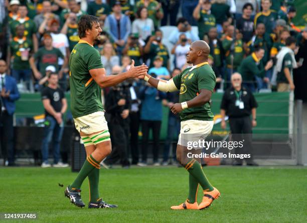 Eben Etzebeth of South Africa runs out for his 100th match and Bongi Mbonambi of South Africa runs out for his 50th match during the 3rd Castle Lager...