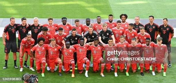 Bayern Munich's players and coaching staff pose for a group photo during the team presentation of the German first division Bundesliga team FC Bayern...