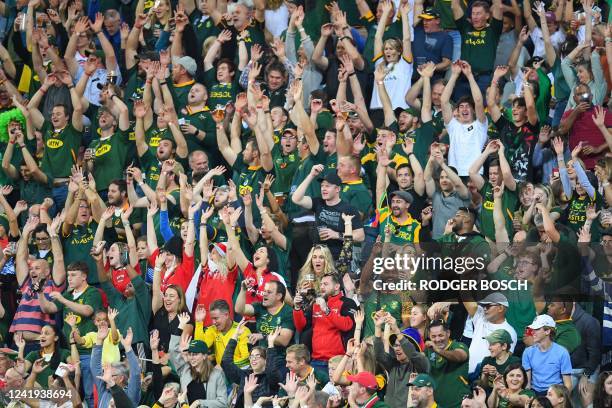 Supporters cheer during an international rugby union match between South Africa and Wales at the Cape Town Stadium in Cape Town on July 16, 2022.