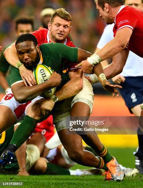 Lukhanyo Am of South Africa during the 3rd Castle Lager Incoming Series test match between South Africa and Wales at DHL Stadium on July 16, 2022 in...