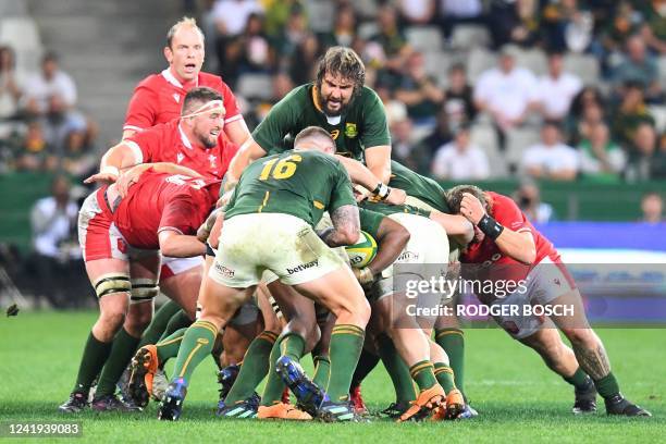 South Africa's lock Lood de Jager reacts being in the center of a maul during an international rugby union match between South Africa and Wales at...