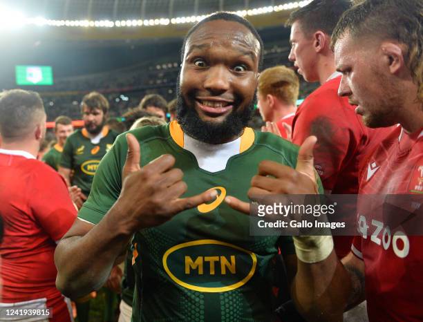 Lukhanyo Am of South Africa during the 3rd Castle Lager Incoming Series test match between South Africa and Wales at DHL Stadium on July 16, 2022 in...
