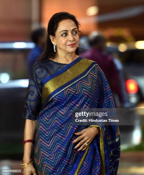 Hema Malini arrives for the BJP parliamentary meeting at Parliament House library, on July 16, 2022 in New Delhi, India. The BJP parliamentary board...