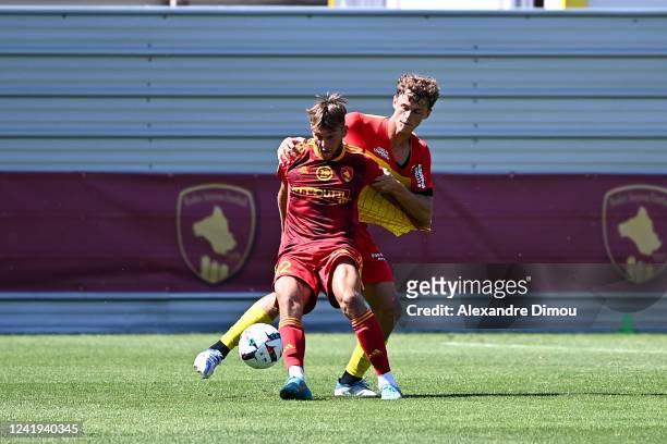Kyllian CORREDOR of Rodez and Adrien LOUVEAU of Lens during the friendly match between Rodez and Lens on July 16, 2022 in Rodez, France.