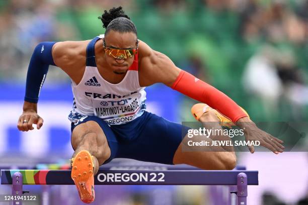 France's Pascal Martinot-Lagarde competes in the men's 110m hurdles heats during the World Athletics Championships at Hayward Field in Eugene, Oregon...