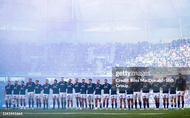 Scotland squad sing the national anthem during a test match between Argentina and Scotland at the Estadio Unico Madre de Cuidades, on July 16 in...