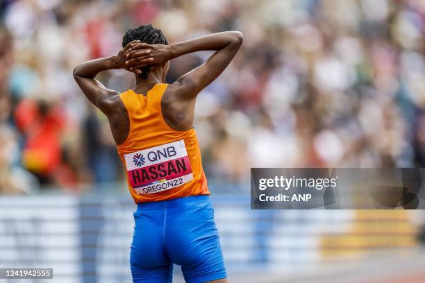 Dutch athlete Sifan Hassan reacts after finishing fourth in the 10,000 meters final on the second day of the World Athletics Championships at Hayward...