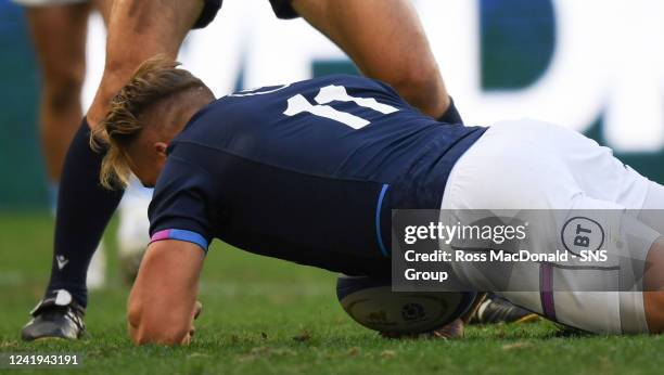 Scotland's Duhan Van Der Merwe scores his second try during a test match between Argentina and Scotland at the Estadio Unico Madre de Cuidades, on...