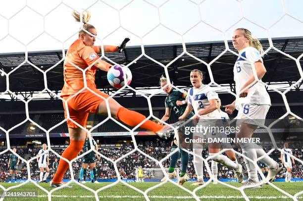 Germany's striker Alexandra Popp scores her team's second goal during the UEFA Women's Euro 2022 Group B football match between Finland and Germany...