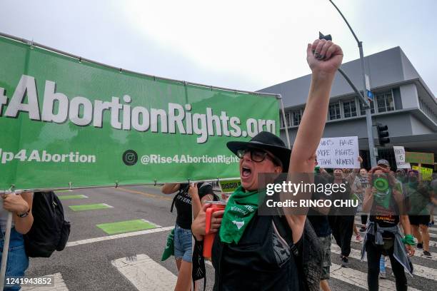Abortion rights activists demonstrate in support of women's rights on July 16 in Santa Monica, California.