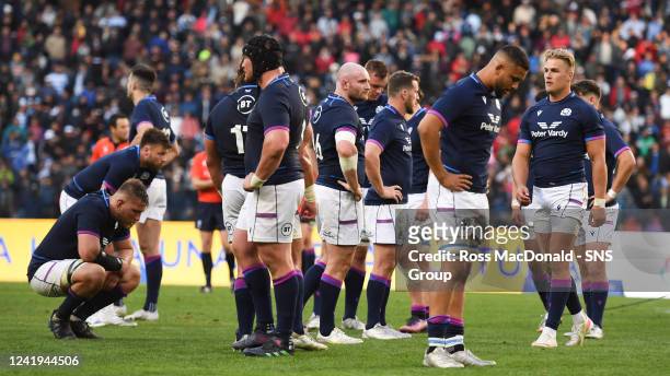 Scotland squad looks dejected during a test match between Argentina and Scotland at the Estadio Unico Madre de Cuidades, on July 16 in Santiago del...