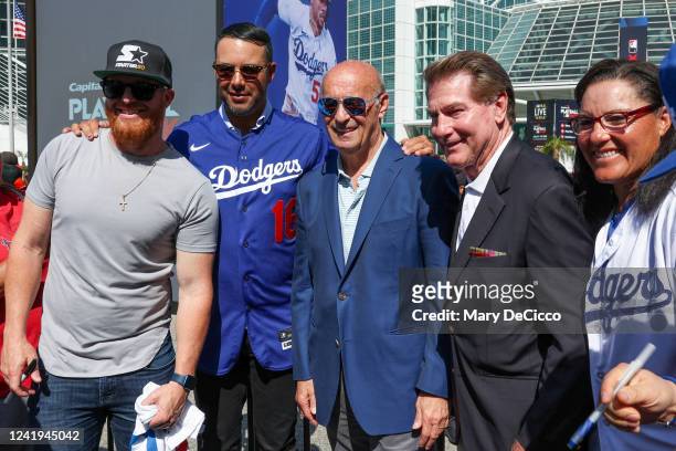 Current All-Star Justin Turner of the Los Angeles Dodgers, former Los Angeles Dodgers All-Star Andre Ethier, Los Angeles Dodgers president and CEO...