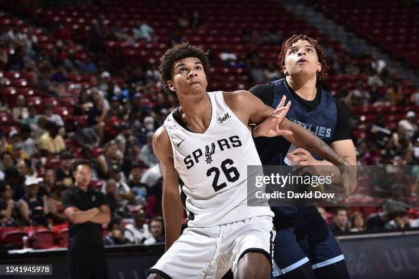 Dominick Barlow of the San Antonio Spurs and Kenneth Lofton Jr. #6 of the Memphis Grizzlies look for the rebound /during the 2022 Las Vegas Summer...