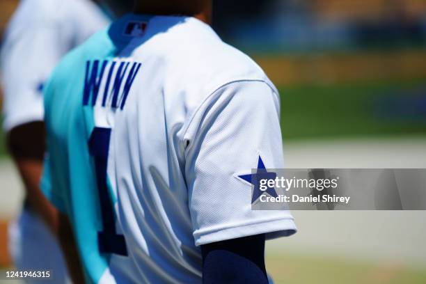 Detail view of the All-Star jersey worn by Masyn Winn of the St. Louis Cardinals prior to the 2022 SiriusXM All-Star Futures Game at Dodger Stadium...