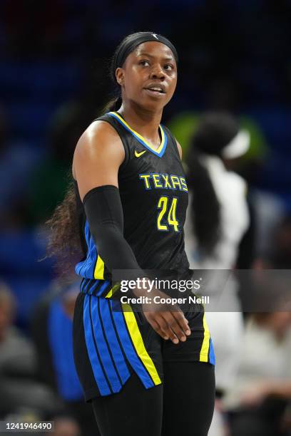 Arike Ogunbowale of the Dallas Wings looks on during the game against the Chicago Sky on July 16, 2022 at the College Park Center in Arlington,...