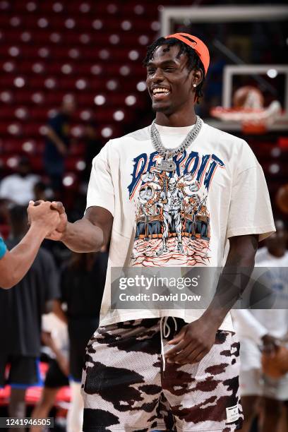 Jalen Duren of the Detroit Pistons smiles and looks on before the game against the Orlando Magic during the 2022 Las Vegas Summer League on July 16,...