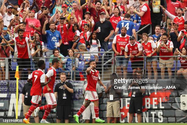 Gabriel Jesus of Arsenal celebrates after scoring a goal to make it 1-0 during the pre season friendly between Arsenal and Everton at M&T Bank...