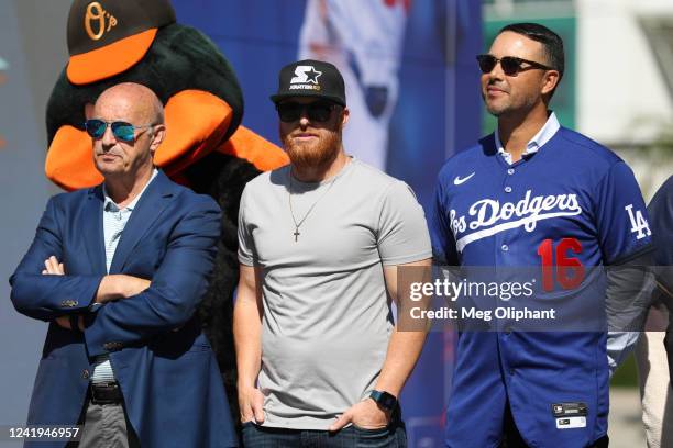 Los Angeles Dodgers president and CEO Stan Kasten, current All-Star Justin Turner of the Los Angeles Dodgers and former Los Angeles Dodgers All-Star...