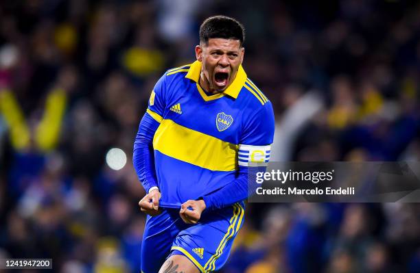 Marcos Rojo of Boca Juniors celebrates after scoring the first goal of his team during a match between Boca Juniors and Talleres as part of Liga...
