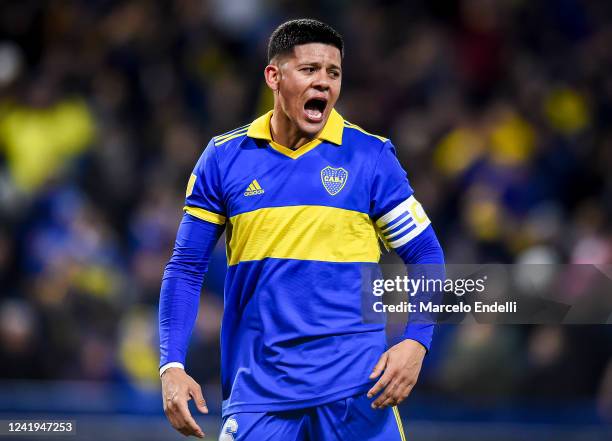 Marcos Rojo of Boca Juniors celebrates after scoring the first goal of his team during a match between Boca Juniors and Talleres as part of Liga...