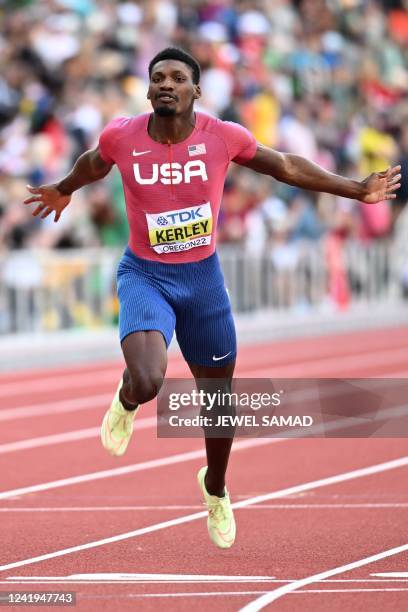 S Fred Kerley crosses the finish line in the men's 100m final during the World Athletics Championships at Hayward Field in Eugene, Oregon on July 16,...