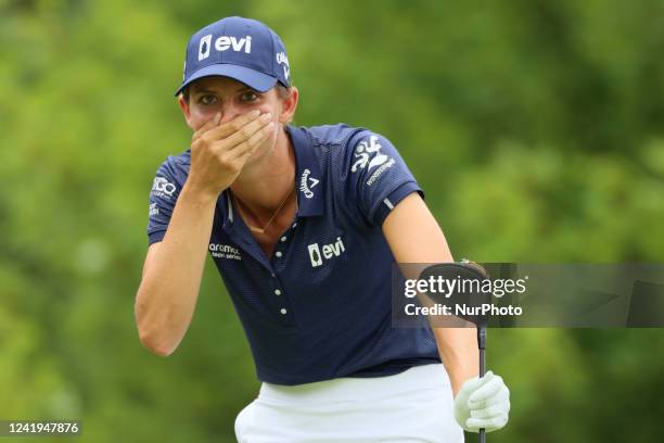 Anne van Dam of the Netherlands reacts to her shot from the 14th tee during the final round of the Dow Great Lakes Bay Invitational at Midland...