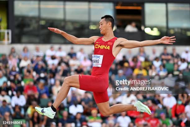 China's Wang Jianan competes in the men's long jump final during the World Athletics Championships at Hayward Field in Eugene, Oregon on July 16,...